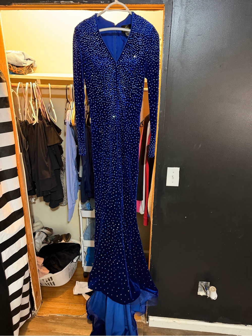Royal Blue Rhinestone Long-Sleeve Evening Gown Jonathon Kayne